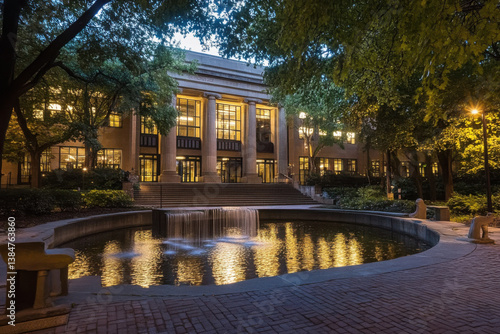 Georgia tech library illuminating at dusk with reflecting pool and waterfall