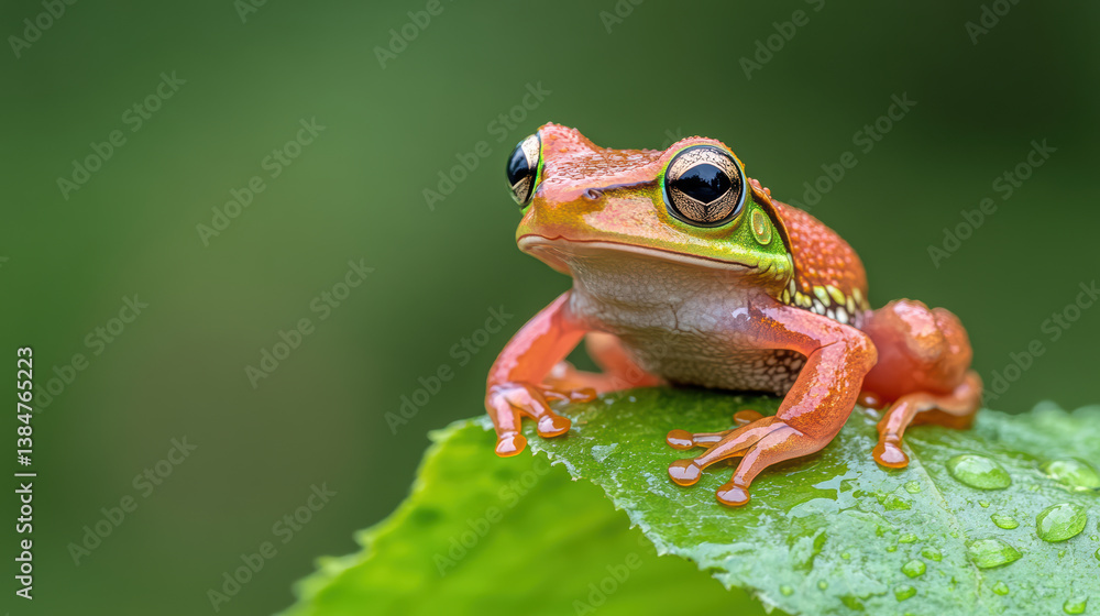 vibrant frog resting on leaf, showcasing its colorful skin and glistening droplets vibrant frog resting on leaf, showcasing its colorful skin and glistening droplets
