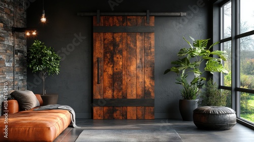 Modern Entryway with Sliding Barn Door. Generative AI