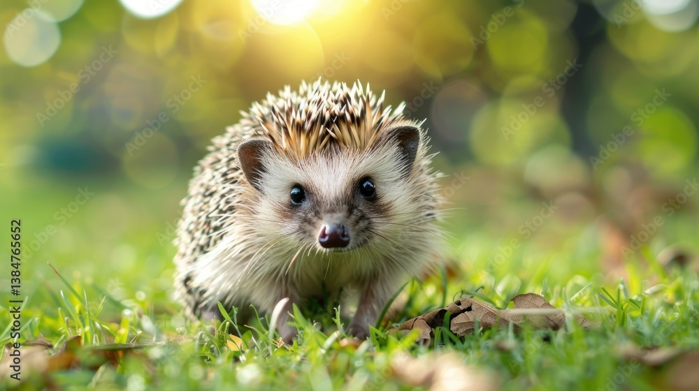 Naklejka premium A small, adorable hedgehog on soft grass. stock photo --ar 16:9 --style raw --v 6 Job ID: 8f14b1c1-d036-43a4-98e6-a81d77d536a4