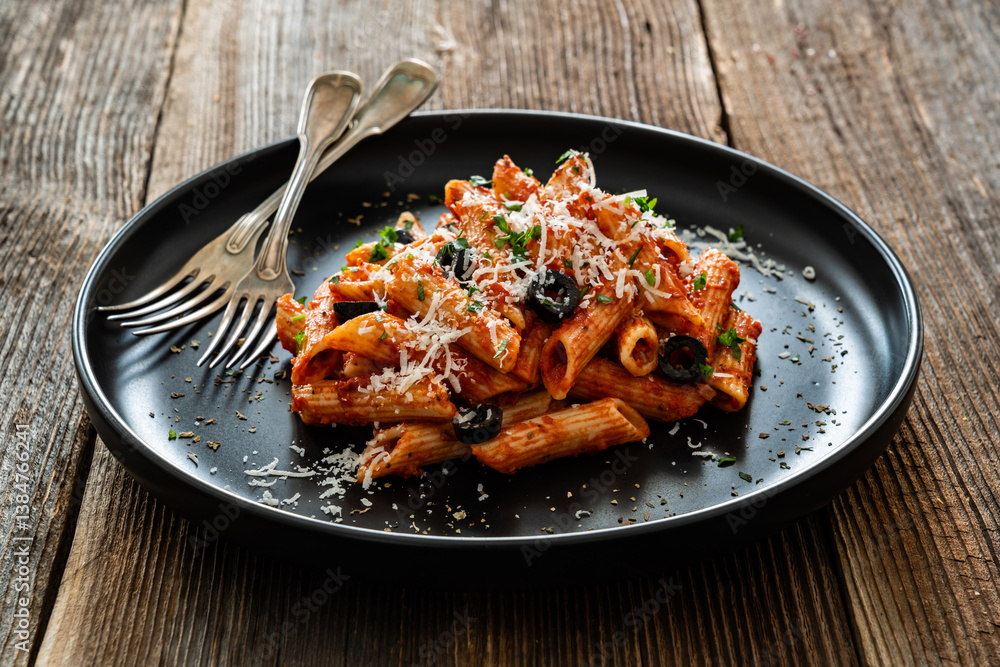 Penne noodles with tomato sauce, black olives and parmesan cheese served on wooden table