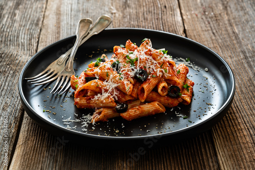 Obraz na płótnie Penne noodles with tomato sauce, black olives and parmesan cheese served on wooden table w salonie