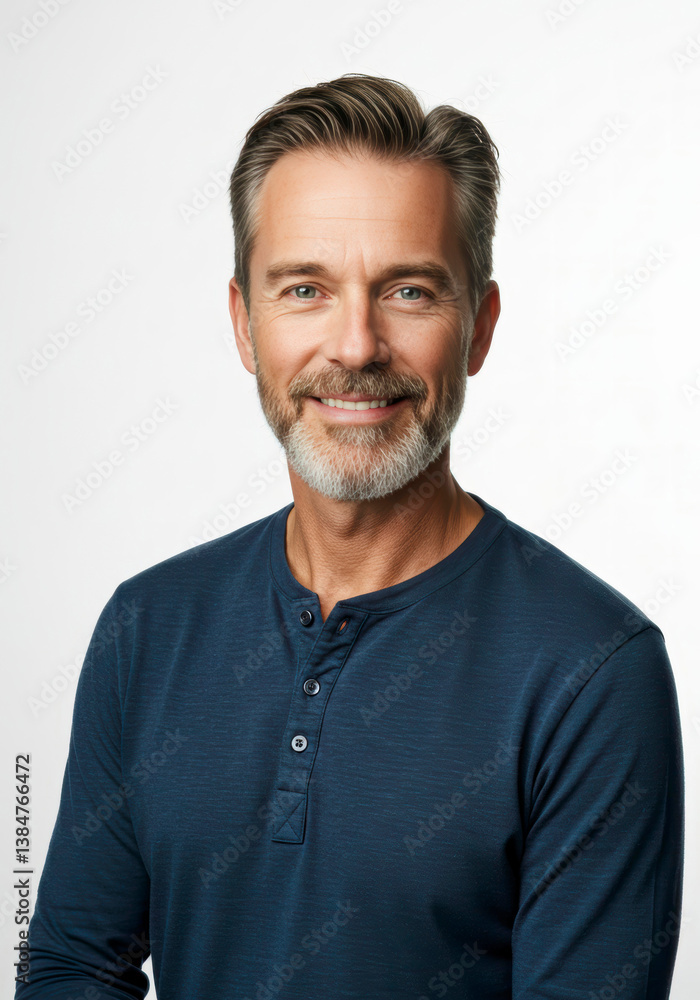Fototapeta premium Confident mid adult man in a sharp suit smiling brightly against a clean white background