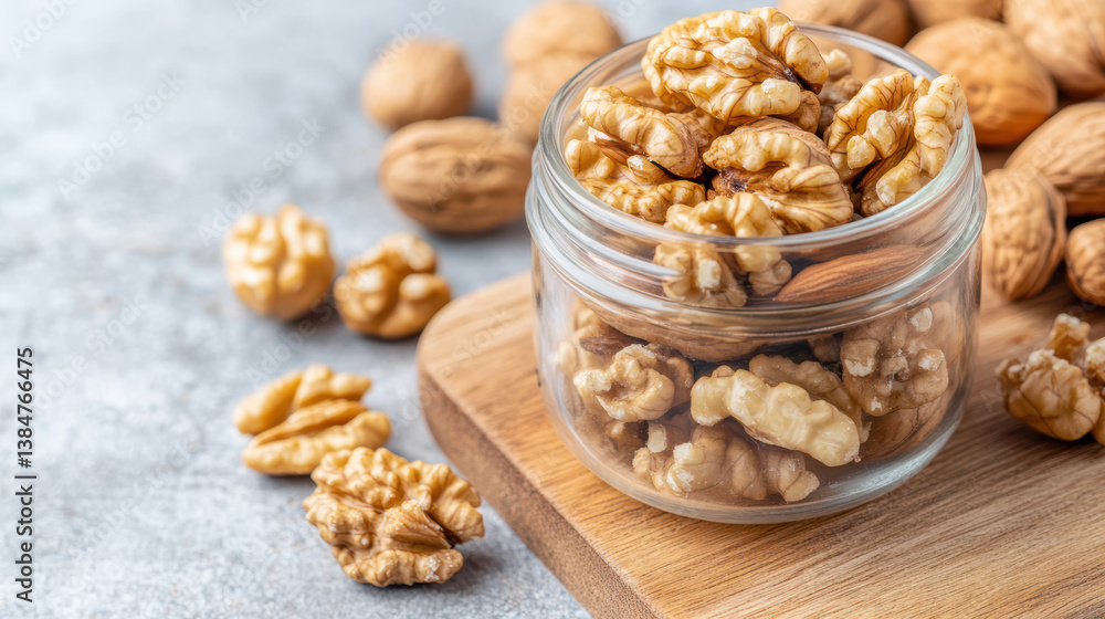 Fresh walnuts in glass jar on wooden board, surrounded by more walnuts, create cozy atmosphere Fresh walnuts in glass jar on wooden board, surrounded by more walnuts, create cozy atmosphere