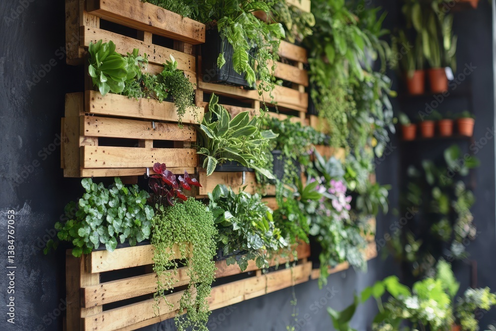 Pallet wall decor with various plants. Use for eco-friendly, upcycled gardening.