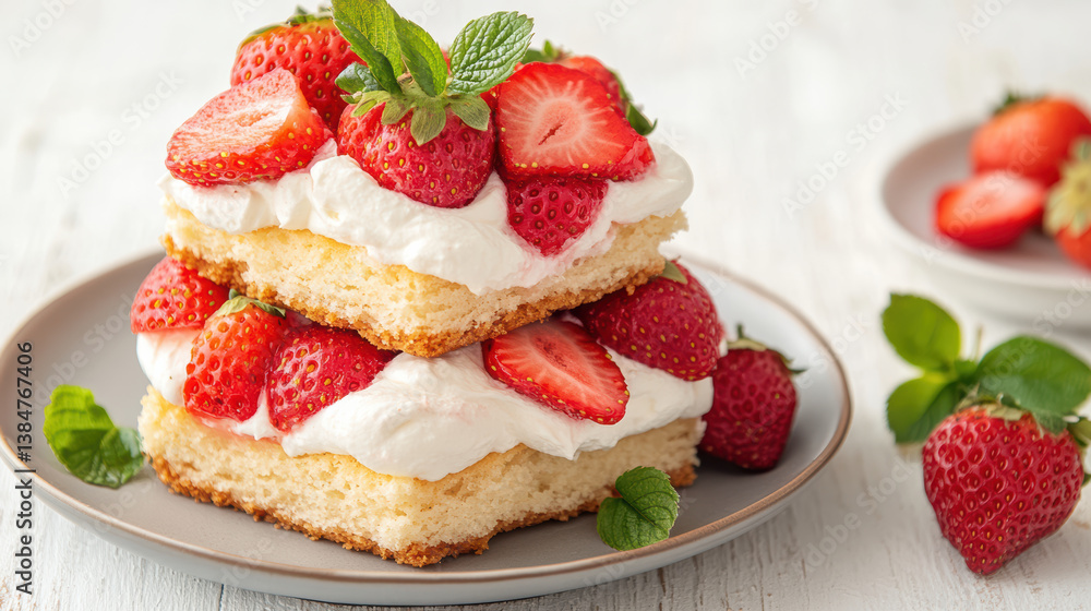 Delicious strawberry shortcake layered with fresh strawberries and whipped cream Delicious strawberry shortcake layered with fresh strawberries and whipped cream