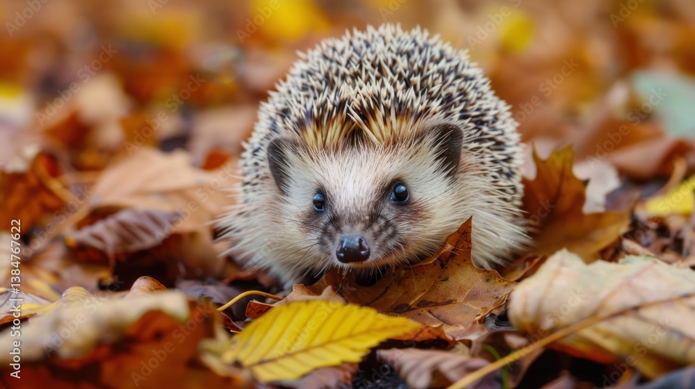 Fototapeta premium A hedgehog isolated on a bed of leaves. stock photo --ar 16:9 --style raw --v 6 Job ID: 6e58ad12-ccbd-4139-a600-889cc9d17e82