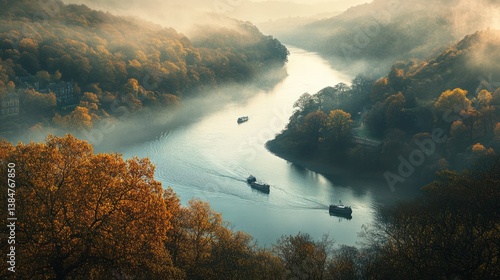 Autumn Mist Over River, Scenic View, Boats, Tranquil Landscape, Photo Stock