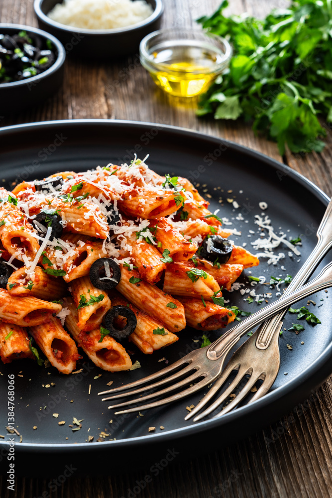 Penne noodles with tomato sauce, black olives and parmesan cheese served on wooden table