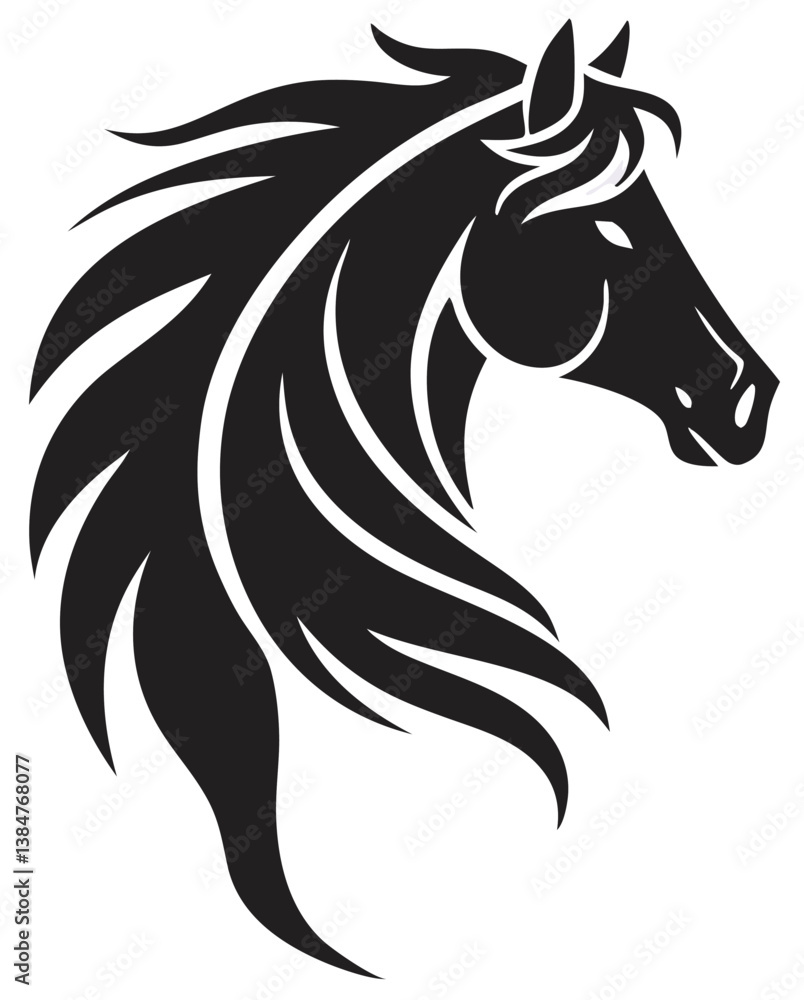 Fototapeta premium Stylized Horse Head Vector – Bold Tribal Stallion Illustration in Black and White for Logos, Tattoo Art & Equestrian Branding.
