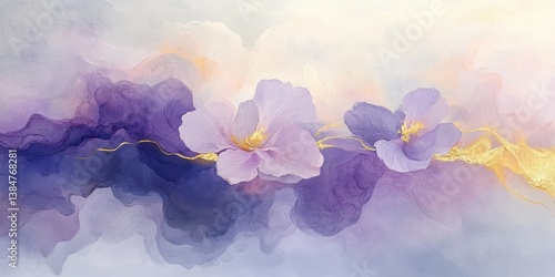 Fototapeta Naklejka Na Ścianę i Meble -  Watercolor flowers blooming in purple and gold abstract background