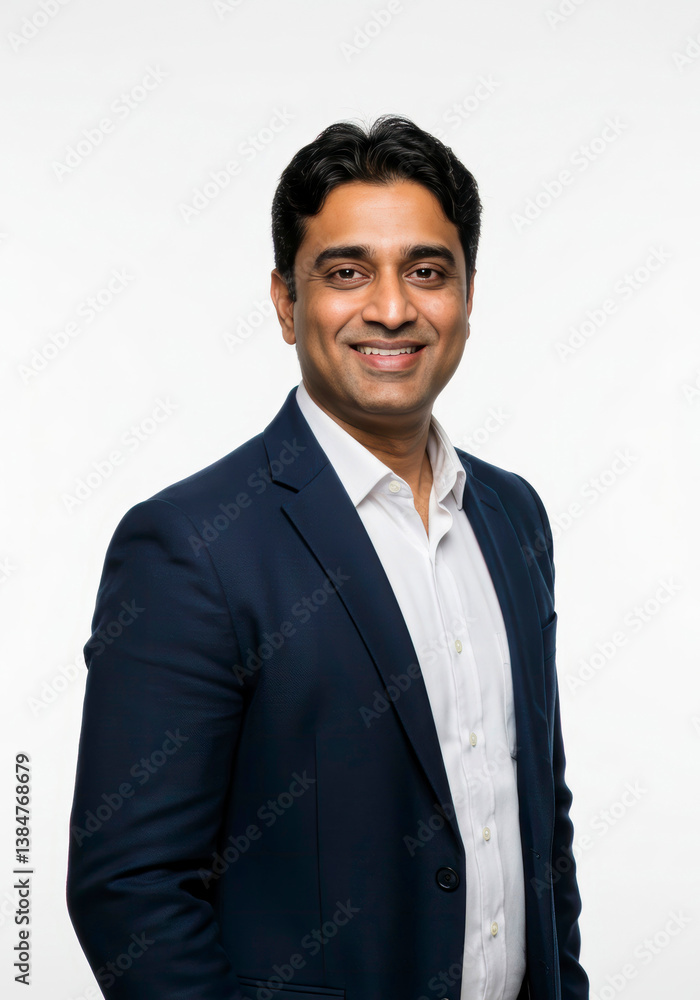Business manager in a sleek shirt, standing confidently with a happy and proud face Business manager in a sleek shirt, standing confidently with a happy and proud face