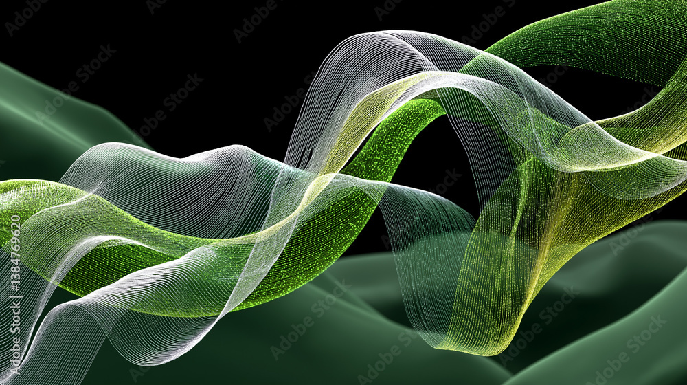 Flowing Lines Abstract: An elegant display of flowing, ribbon-like lines in shades of green and white, overlaid against a dark backdrop, forming a dynamic and artistic visual. Flowing Lines Abstract: An elegant display of flowing, ribbon-like lines in shades of green and white, overlaid against a dark backdrop, forming a dynamic and artistic visual.