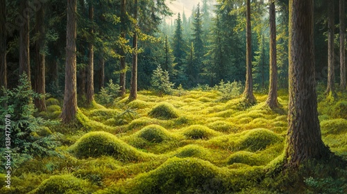 Sunlit Mossy Forest: A Serene Landscape Painting