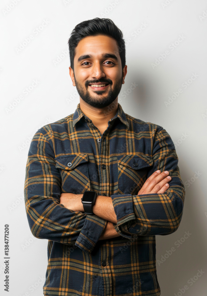 Fototapeta premium Smiling business analyst in a neat jacket, standing tall with a warm and proud grin