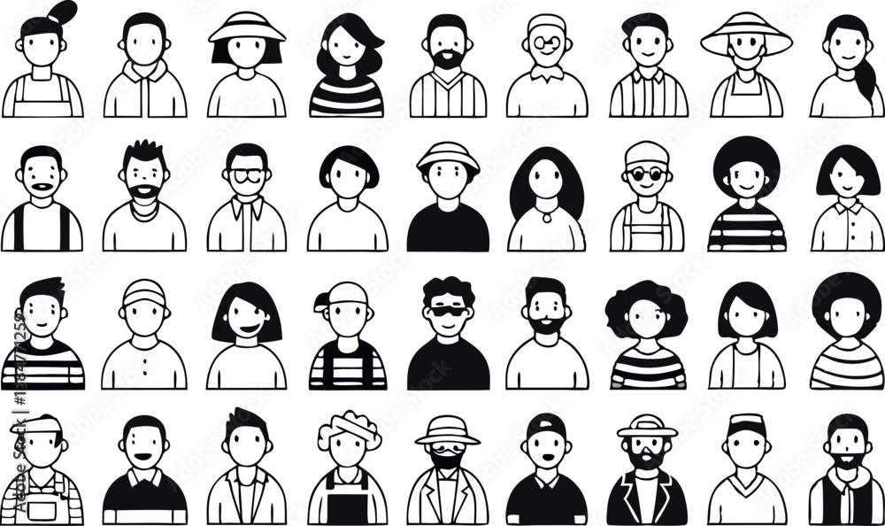 Set of cartoon people icons including business people, children, men, women, and family members in various poses and expressions Set of cartoon people icons including business people, children, men, women, and family members in various poses and expressions
