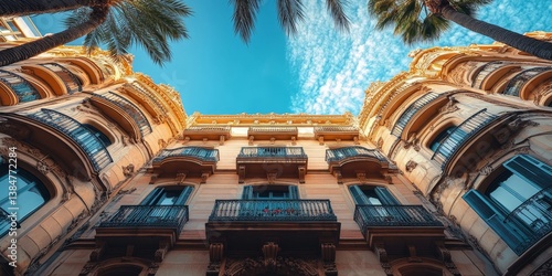 Palm trees framing elegant building in barcelona, spain