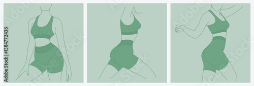 fitness icons set. Set Of Perfect slim toned young body of the girl. sporty woman in sportswear, shorts butt icons