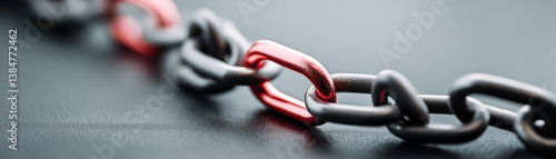 close up of broken chain with red link symbolizing vulnerability or weakness, placed on dark surface