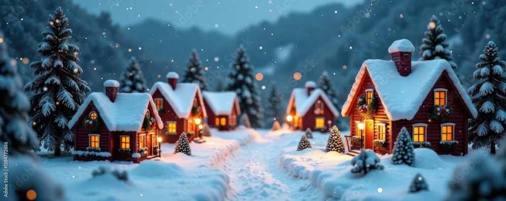 Fototapeta premium A beautifully decorated Christmas village with snow-covered houses and churches, snow covered houses, festive lights