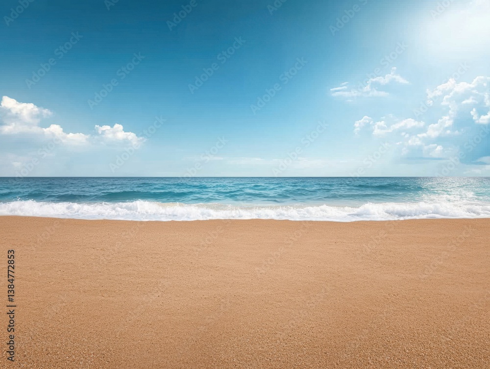 Fototapeta premium Calm beach at sunrise with gentle waves lapping on the shore and a clear blue sky