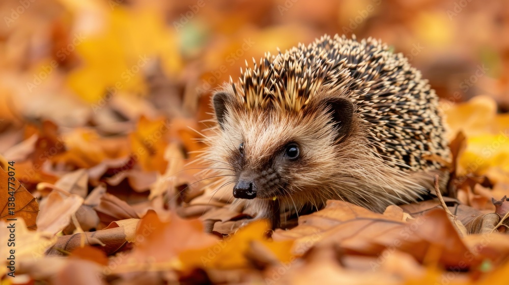 Fototapeta premium A hedgehog isolated on a bed of leaves. stock photo --ar 16:9 --style raw --v 6 Job ID: 6e58ad12-ccbd-4139-a600-889cc9d17e82