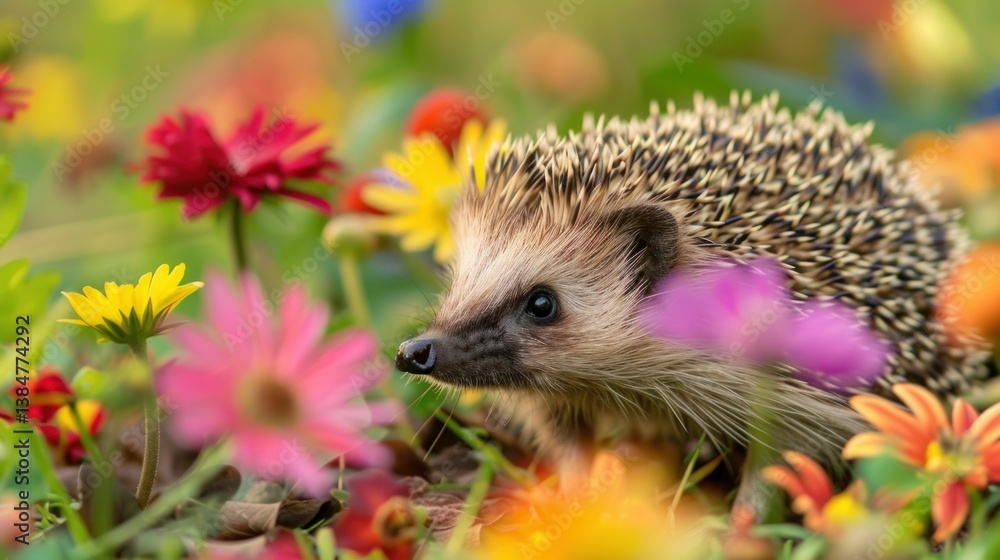 Fototapeta premium A hedgehog in a garden with vibrant flowers blooming. stock photo --ar 16:9 --style raw --v 6 Job ID: 139f37c0-87db-4f60-8a1f-fc330f2325e6