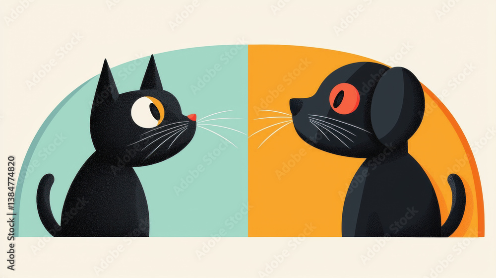 Naklejka premium Nice to meet you, A cat and dog meeting for the first time in a high-fidelity illustration.