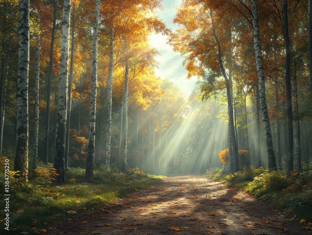 Autumn light shines through trees in a serene forest during a peaceful morning walk Autumn light shines through trees in a serene forest during a peaceful morning walk