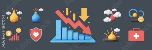 3D economic downturn icon set with stock market crash, inflation, and financial planning themes