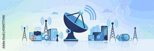 Modern telecommunications icon set featuring satellite dish and signal towers