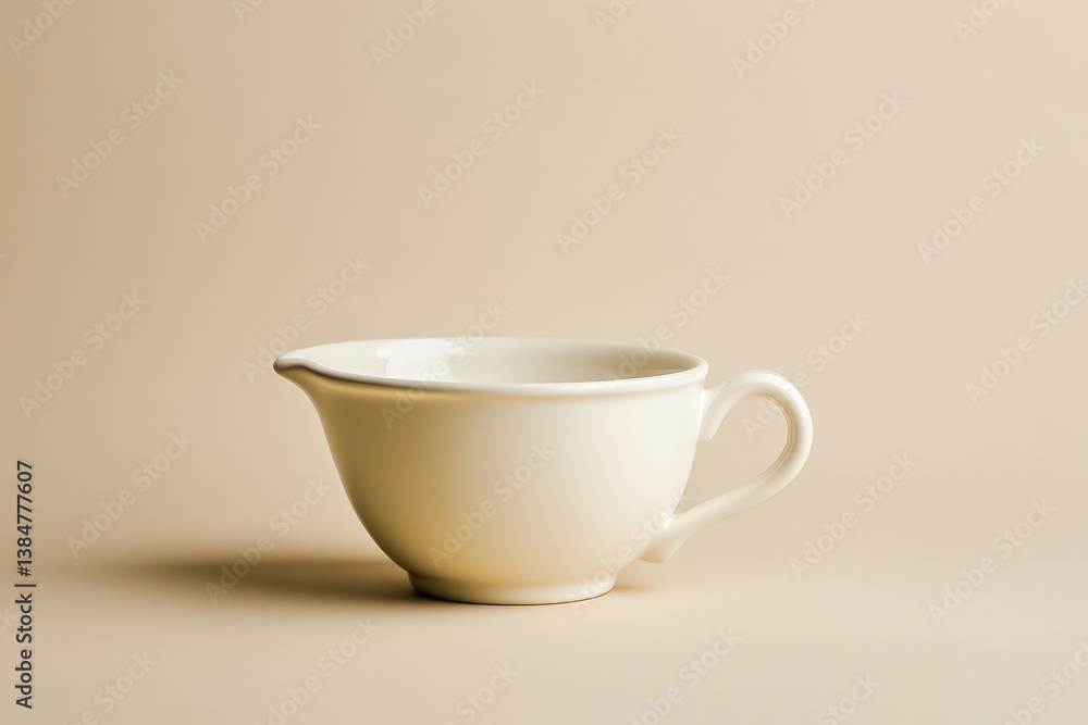 A white ceramic creamer with a handle rests on a surface