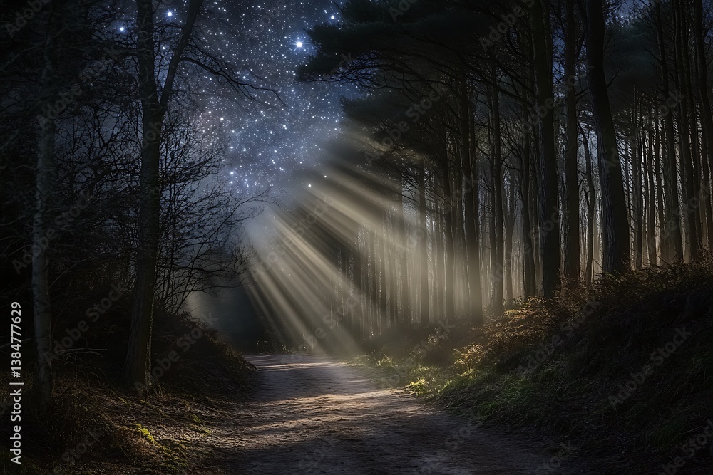 Obraz premium A quiet woodland path under a starry sky, moonbeams filtering through the trees.