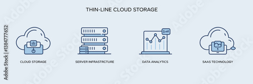 Minimalist cloud technology icon set with storage, analytics, and server infrastructure.