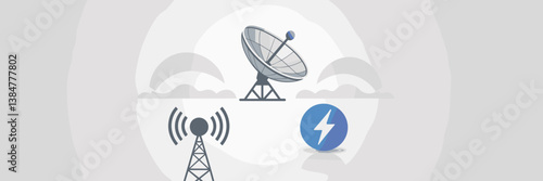 Minimalist telecommunications icon set with satellite dish and high-speed internet symbol
