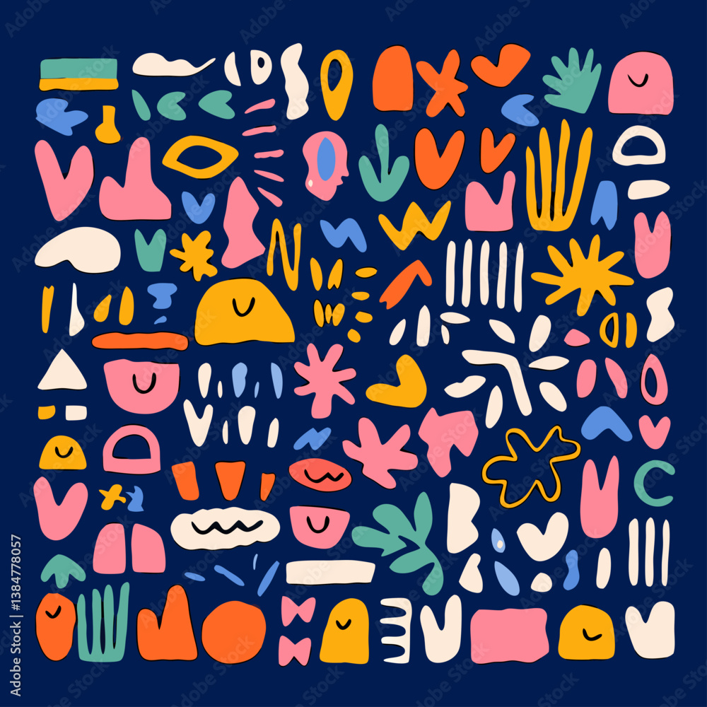 Abstract Composition of Shapes and Forms: A vibrant and playful collection of colorful shapes and forms arranged on a solid background. Abstract Composition of Shapes and Forms: A vibrant and playful collection of colorful shapes and forms arranged on a solid background.