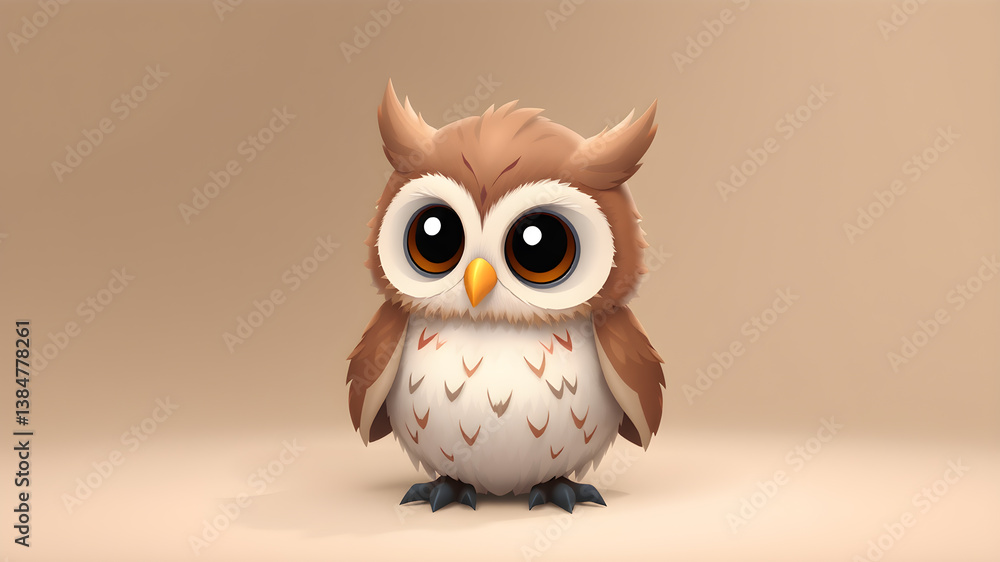 Fototapeta premium Baby owl, cartoon, tiny cute and adorable owl. 3D illustration Generative AI