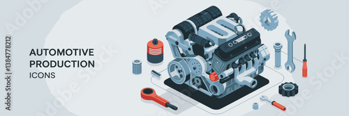 Automotive production icon set featuring car engine, tools, and gears