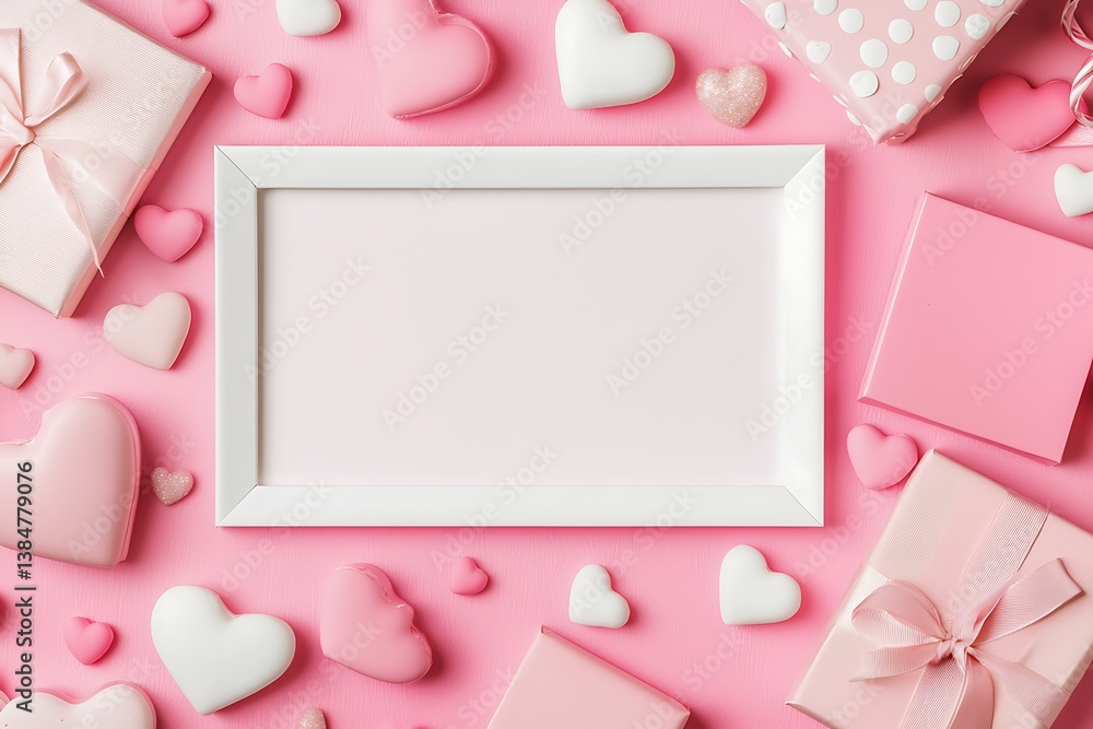 Blank Frame Surrounded by Pink Hearts and Gifts Perfect for Valentine's Day or Romantic Designs. Blank Frame Surrounded by Pink Hearts and Gifts Perfect for Valentine's Day or Romantic Designs.