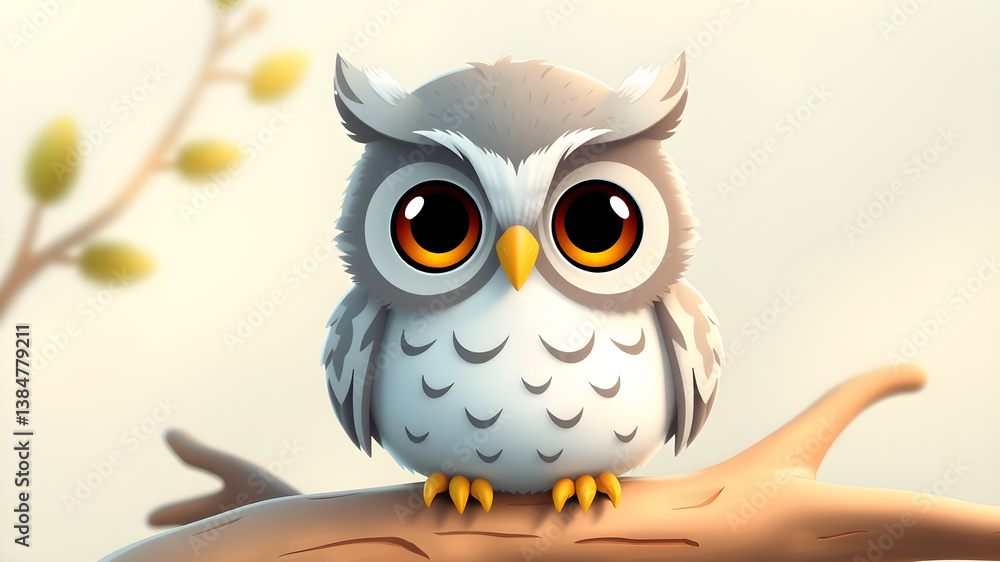 Obraz premium Baby owl, cartoon, tiny cute and adorable owl. 3D illustration Generative AI