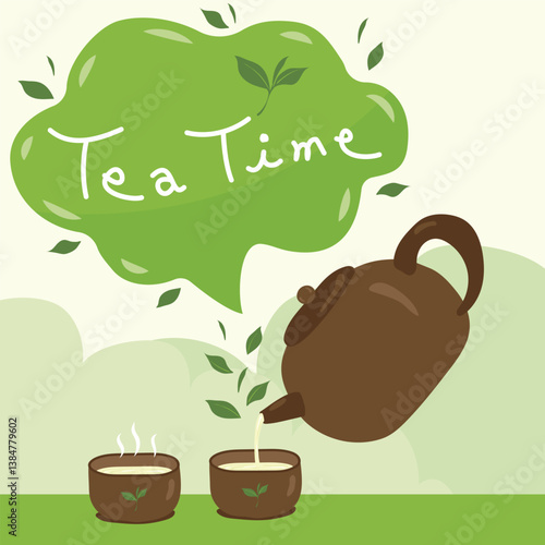 Hand-painted Chinese teapot pouring tea into teacup and tea time