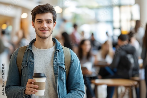 Handsome young man smiling at the viewer with a coffee