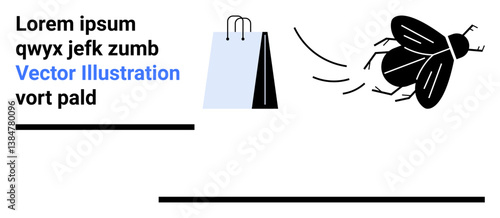 Shopping bag, flying insect in motion, placeholder text, and decorative lines. Ideal for retail, minimalism, marketing, online stores, pest control advertising simple landing page