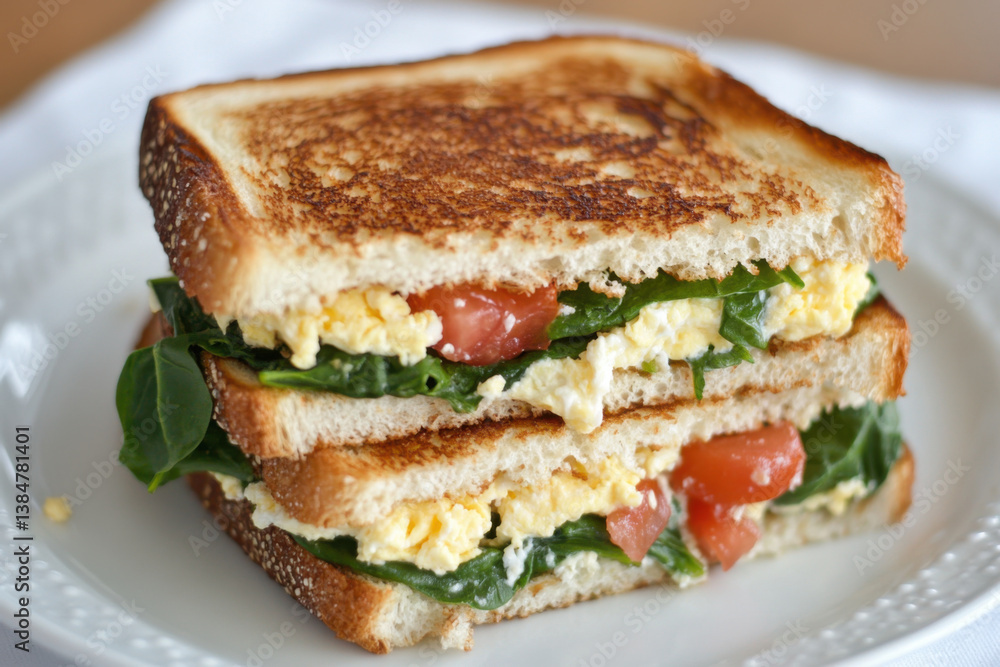 Toasted sandwich showing scrambled eggs, spinach and tomatoes filling Toasted sandwich showing scrambled eggs, spinach and tomatoes filling