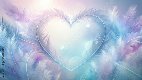A delicate heart shape formed by soft, pastel-colored feathers, gently illuminated by a soft, ethereal light, creating a serene and romantic atmosphere.