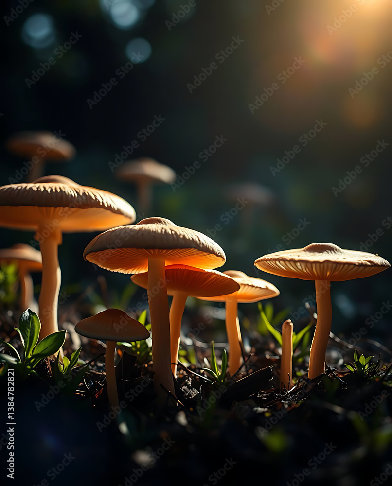 Fototapeta premium Nature of mushrooms in garden using as cover page background, created by generative ai