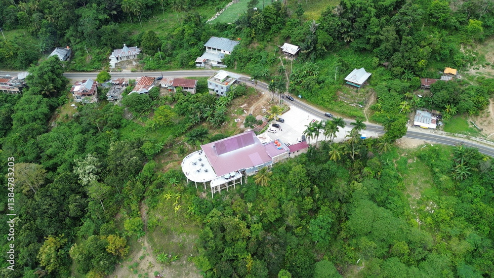Aerial view of the mountain atmosphere and green trees in the countryside Aerial view of the mountain atmosphere and green trees in the countryside