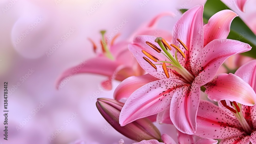 Fototapeta premium A vibrant arrangement of pink lilies with delicate petals and striking details, set against a soft, blurred background. Concept Vibrant Pink Lilies, Delicate Petals, Striking Floral Details