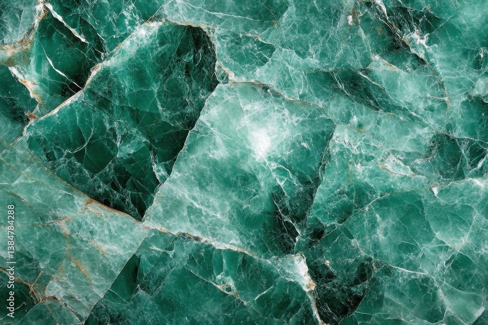 Emerald green aventurine slab has delicate cracks and translucent patterns. Use this image for luxury backgrounds or creative design element.