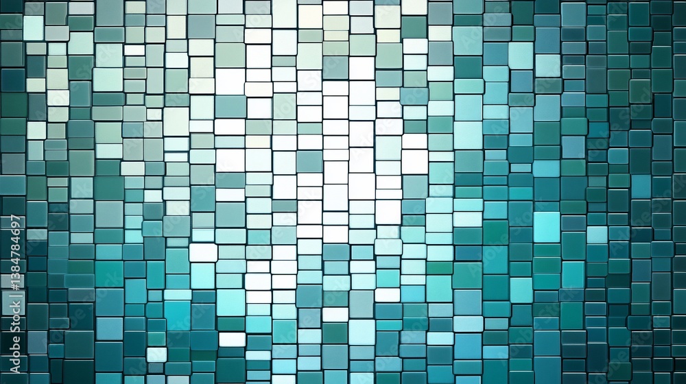 Fototapeta premium Abstract mosaic of blue and green squares with gradient lighting design